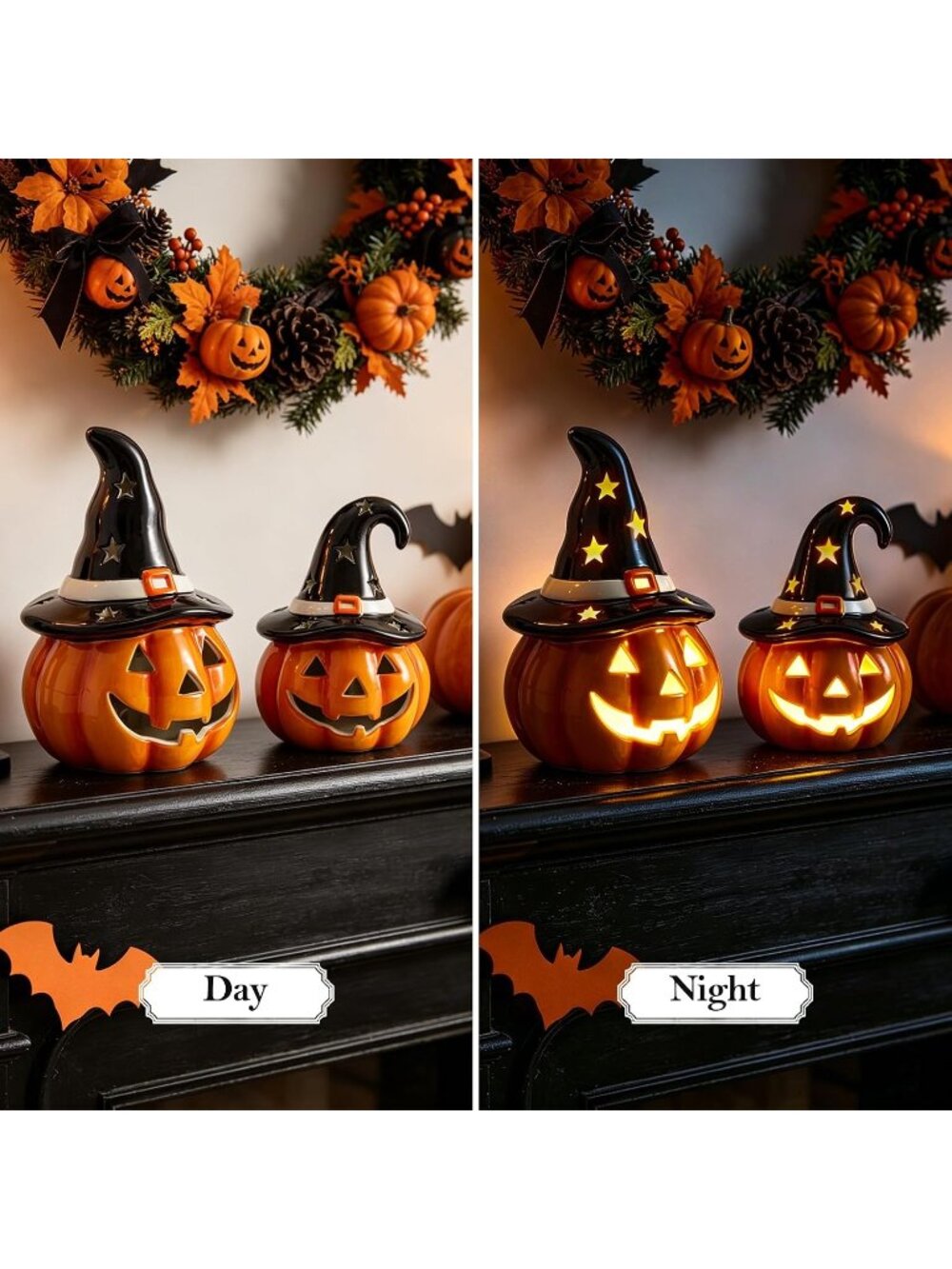 New Halloween Pumpkin Lights Ceramic Jack O Lantern LED Table Decor 2PCS - Picture 6 of 6